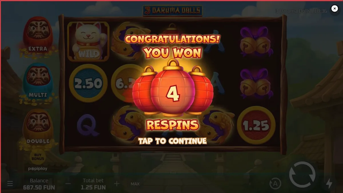 Tampilan visual slot 3 Daruma Dolls dengan latar belakang kuil Jepang dan boneka Daruma.
