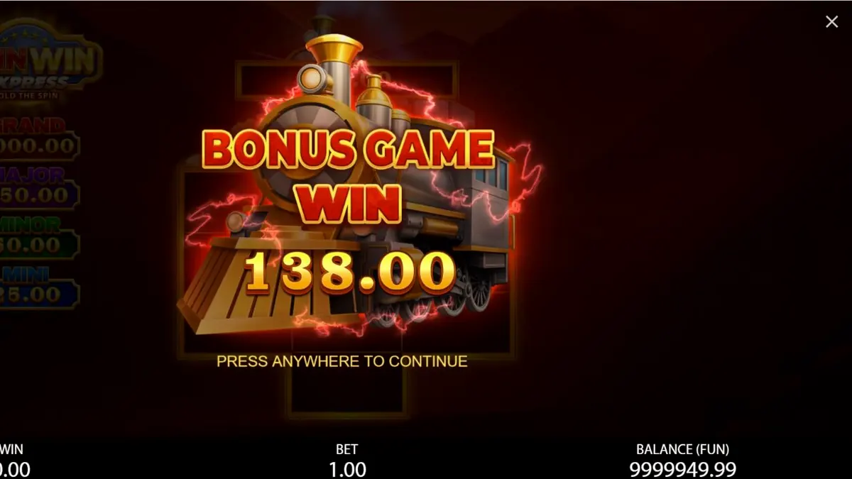 Tampilan visual slot Coin Win Express dengan tema kereta emas dan simbol buah klasik.