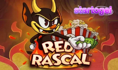 Tampilan visual karakter Red Rascal di depan gulungan slot bertema taman hiburan