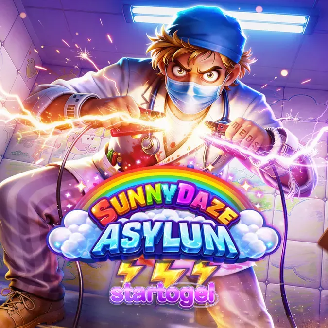 Tampilan visual slot Sunnydaze Asylum dengan gaya komik yang unik
